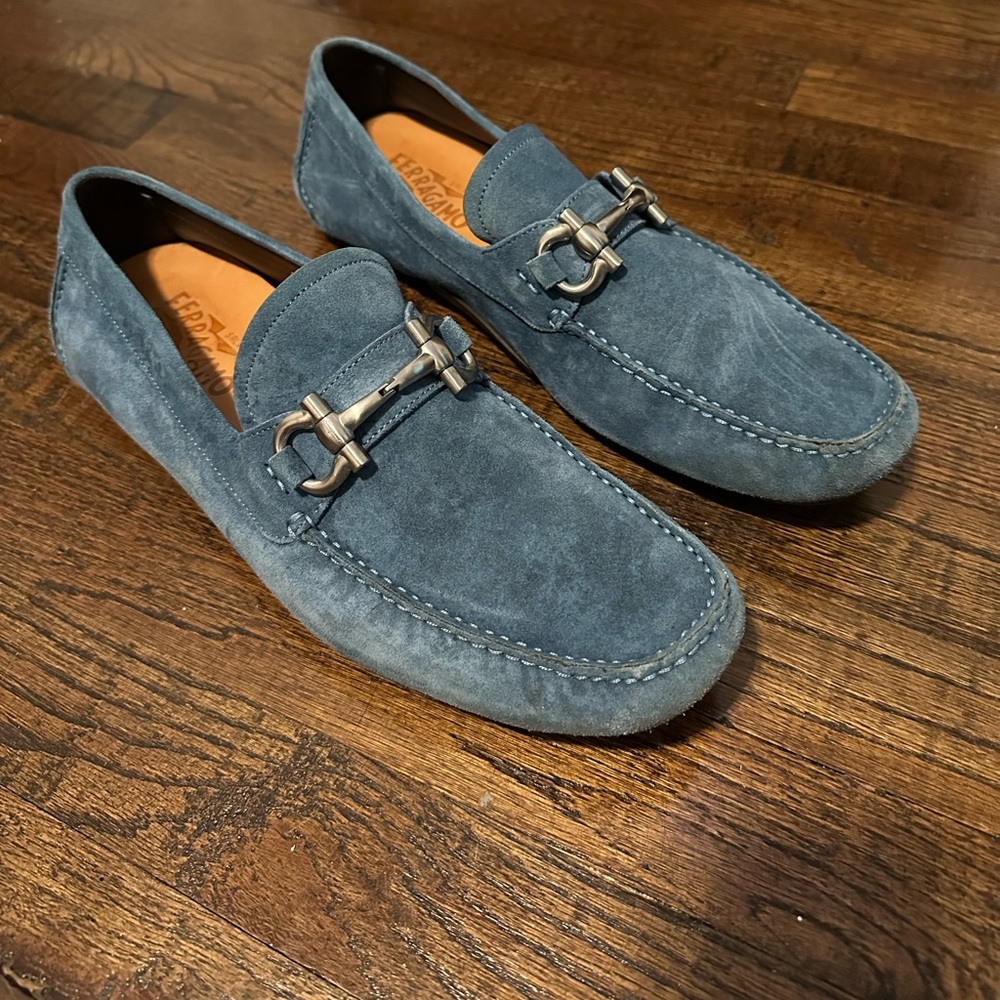 Salvatore Ferragamo Slate Blue Suede Slip-Ons